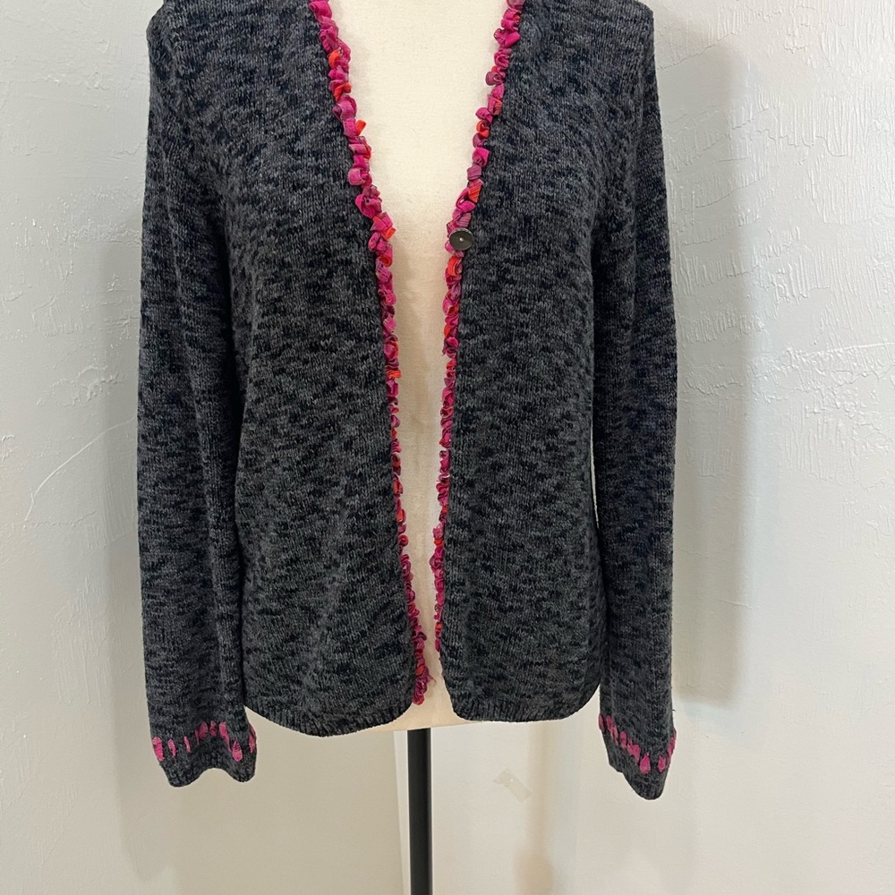 Sigrid Olsen Sport Black‎ Gray Speckled Pink Trim Womens Cardigan Sweater Size S